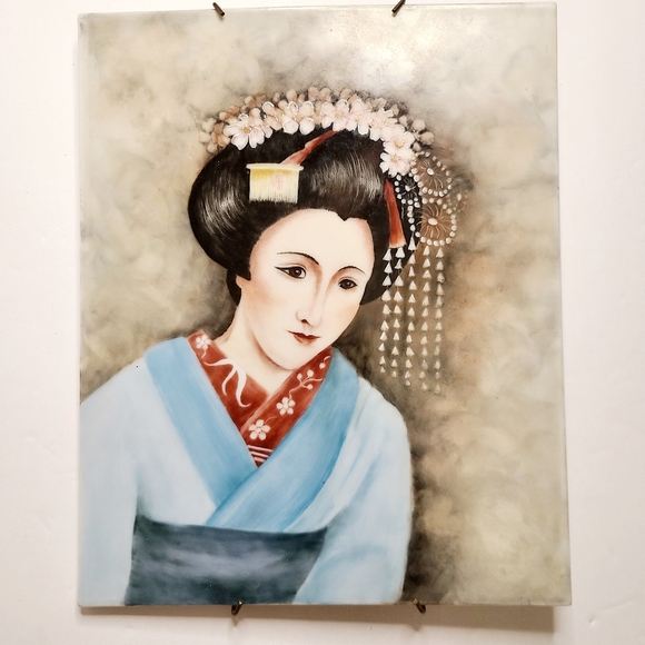 Unusual Painting of Japanese Lady Geisha on porc